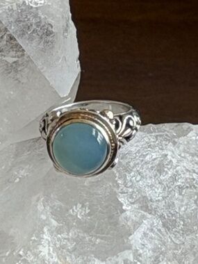 Blue Chalcedony Cocktail Ring 925 Sterling Silver 18K gold (size 6.5)